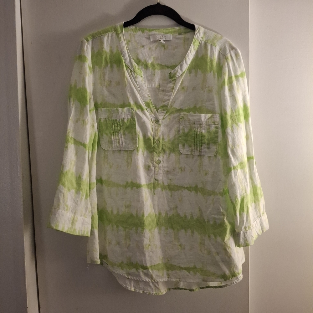 Coral Bay Petite Linen Green Tie-Dye Women's Top